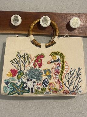 Cream Beaded Seahorse Canvas Purse with Bamboo Handles - Vacation / Travel Tote